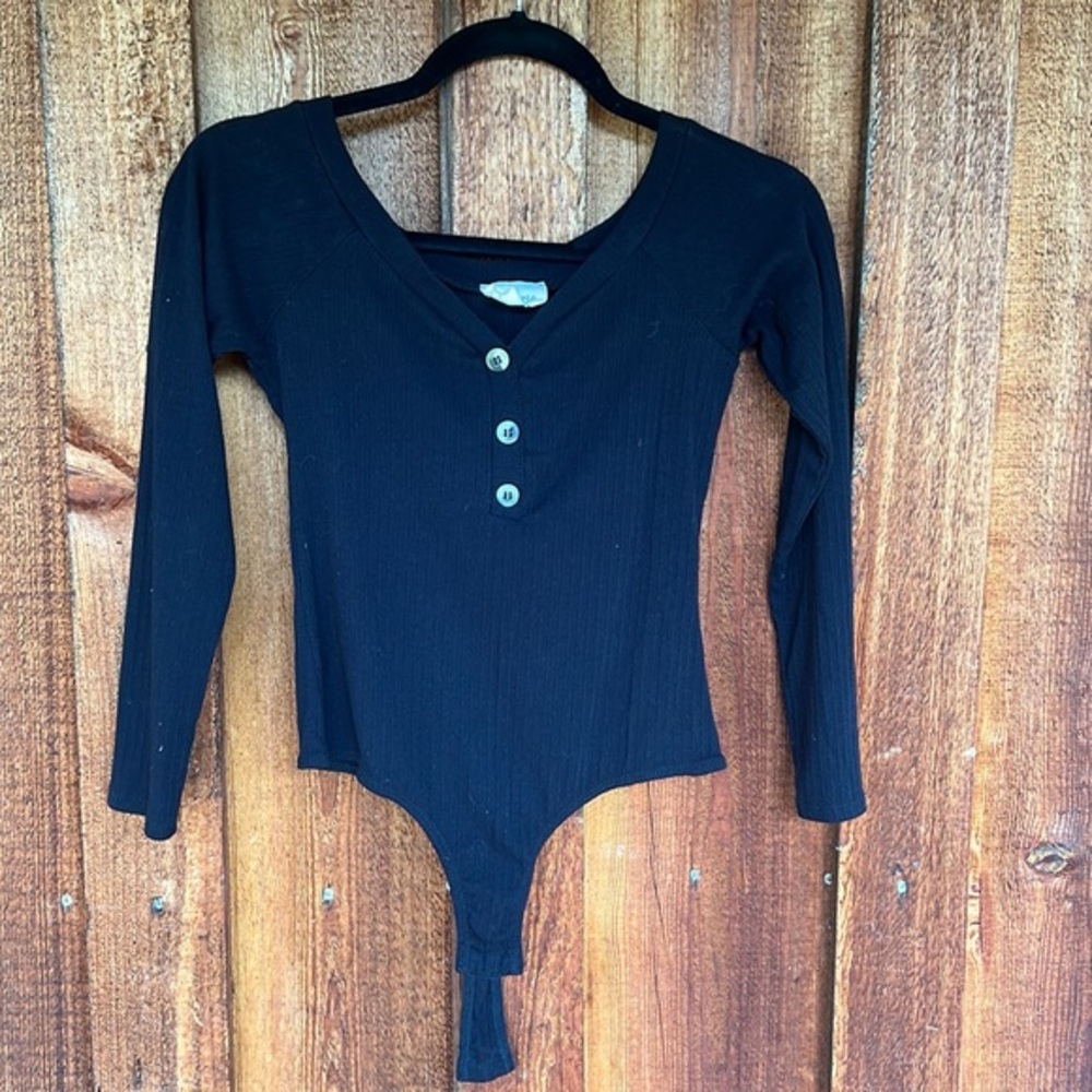 Black Button Down Long Sleeve Bodysuit